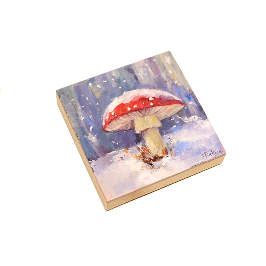 Red mushroom amanita muscaria in snow 4x4 original oil painting