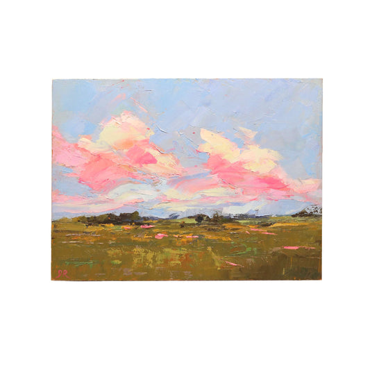 Oil painting with textured paint of bright pastel pink and yellow clouds in blue sky, olive green landscape with tiny colored flowers on bottom. 