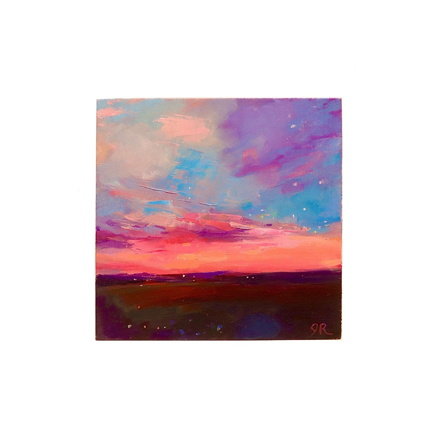 Small 4x4 original oil painting featuring a vibrant sunset with pink, purple, and blue hues, by Jessica Richter