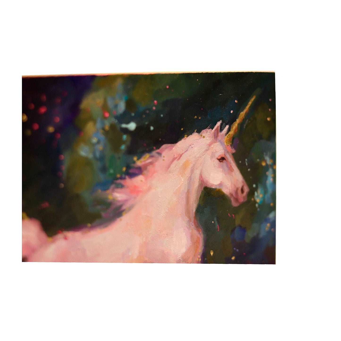 Close up view of Pink unicorn painting dark background galloping unicorn