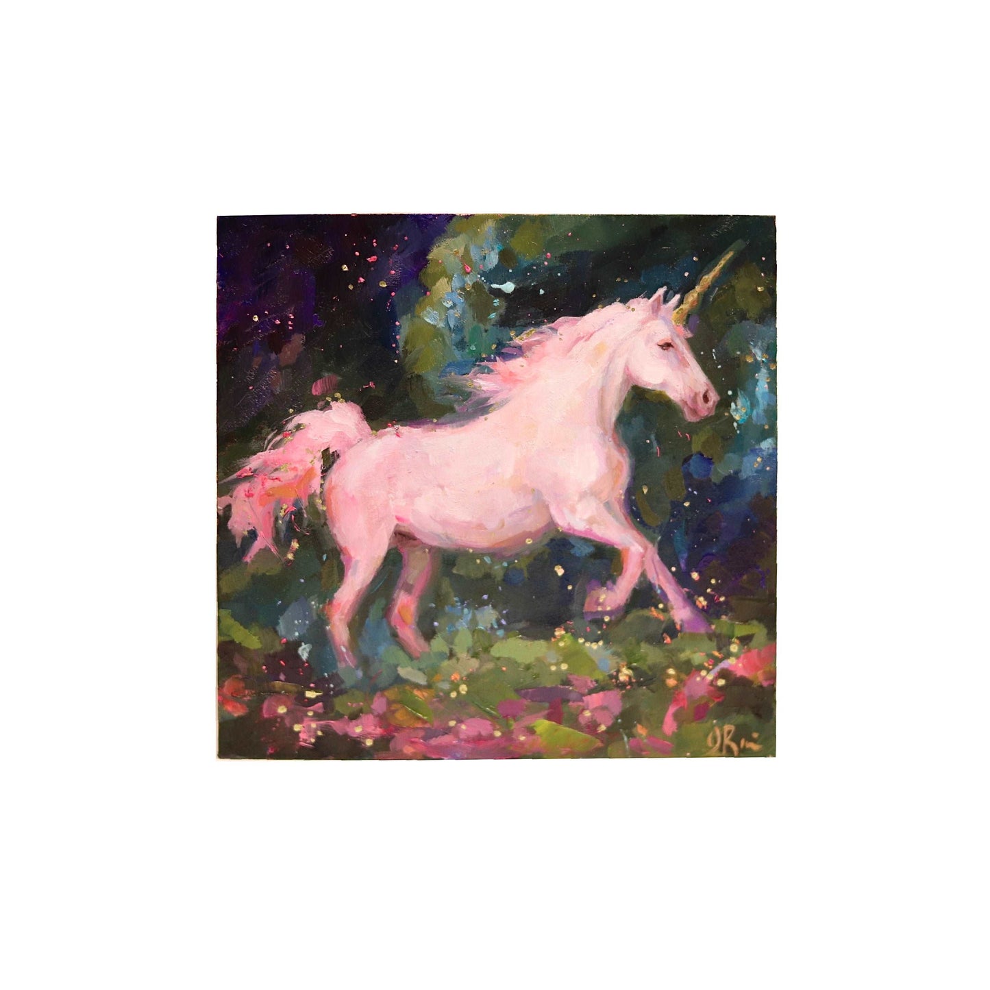 Pink unicorn painting dark background galloping unicorn but Jessica Richter