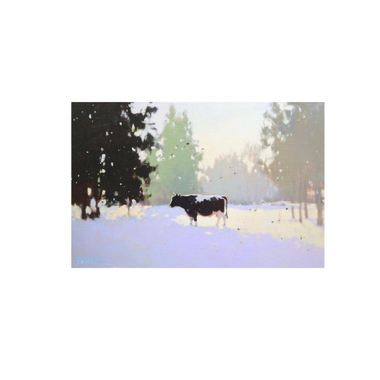 Print on Canvas | Cow in Morning Snow | Hand Detailed Foil | 4”x6”