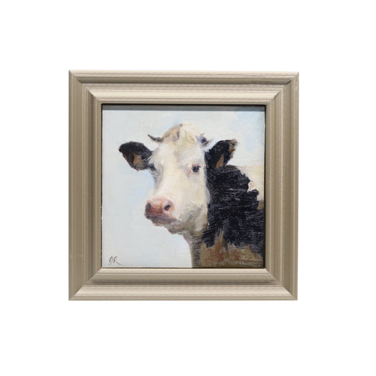 Original Oil Painting | Holstein Cow Portrait | 4”x4” Framed Art