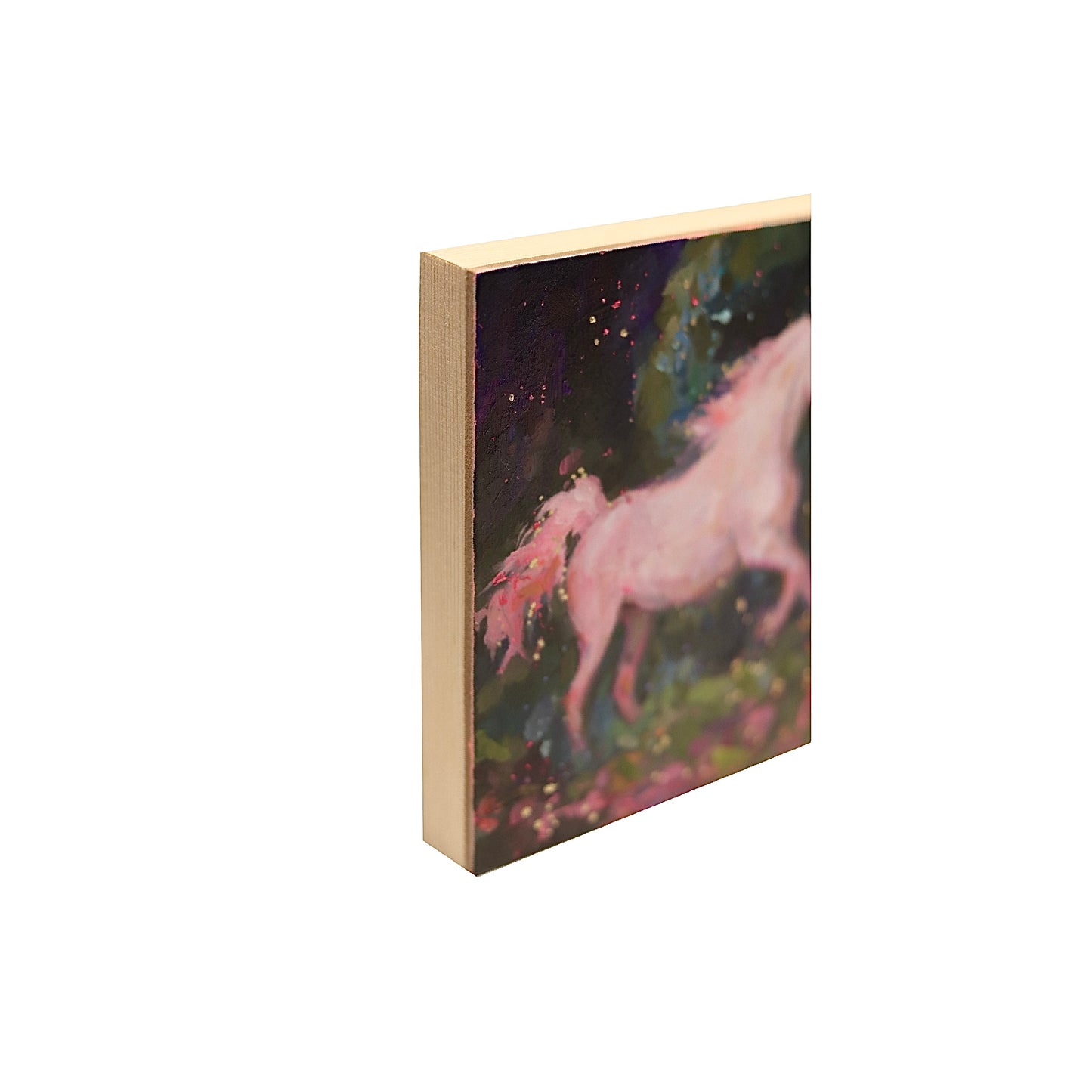 Pink unicorn painting dark background galloping unicorn, side view of panel