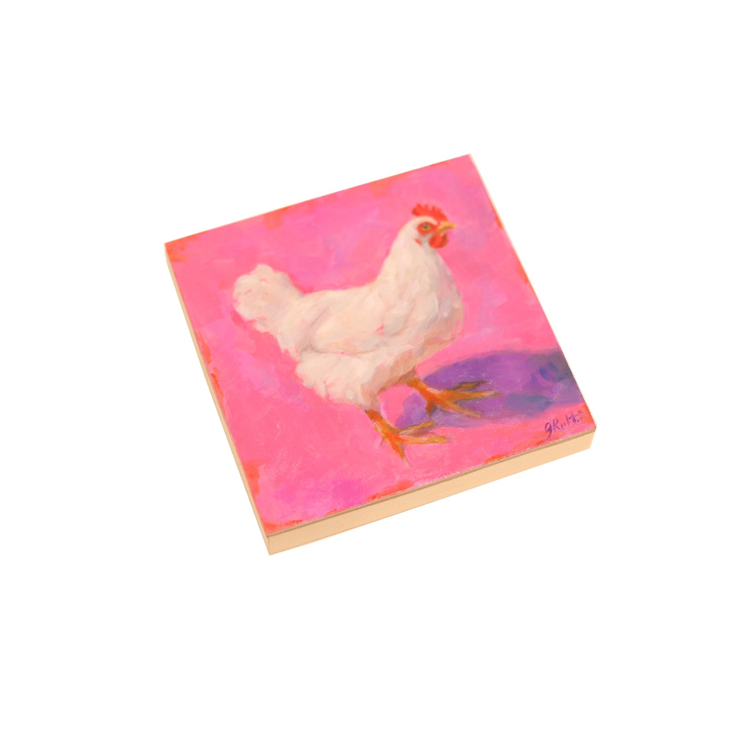 A 5x5” oil painting on panel depicting a white chicken standing against a vibrant pink background. The chicken is painted in an impressionistic style, with soft brushstrokes capturing the texture of its feathers. Its red comb and wattles contrast sharply with the white plumage, and a subtle purple shadow grounds the figure. The artist’s signature, ‘J. Richter,’ is visible in the lower right corner.