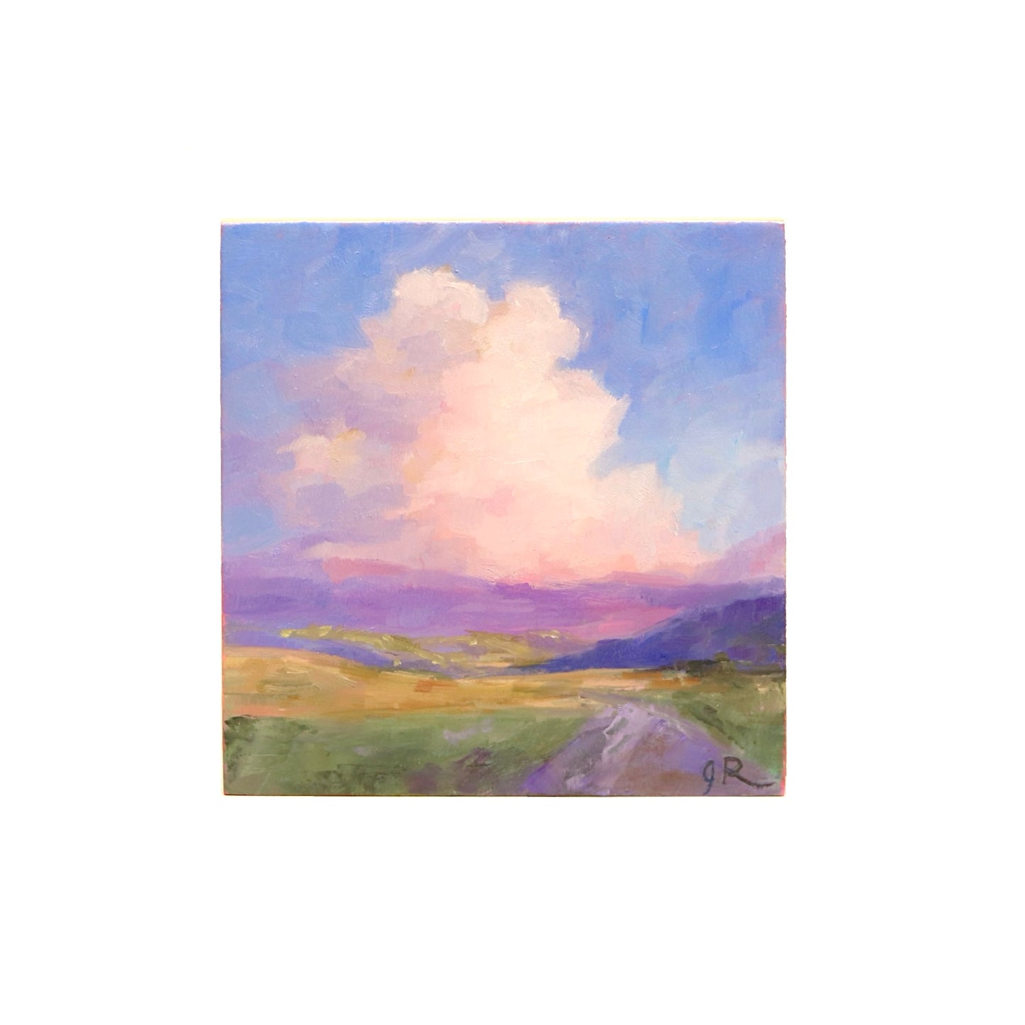An oil painting by Jessica Richter depicting a serene road under a sky filled with fluffy clouds, measuring 4"x4".