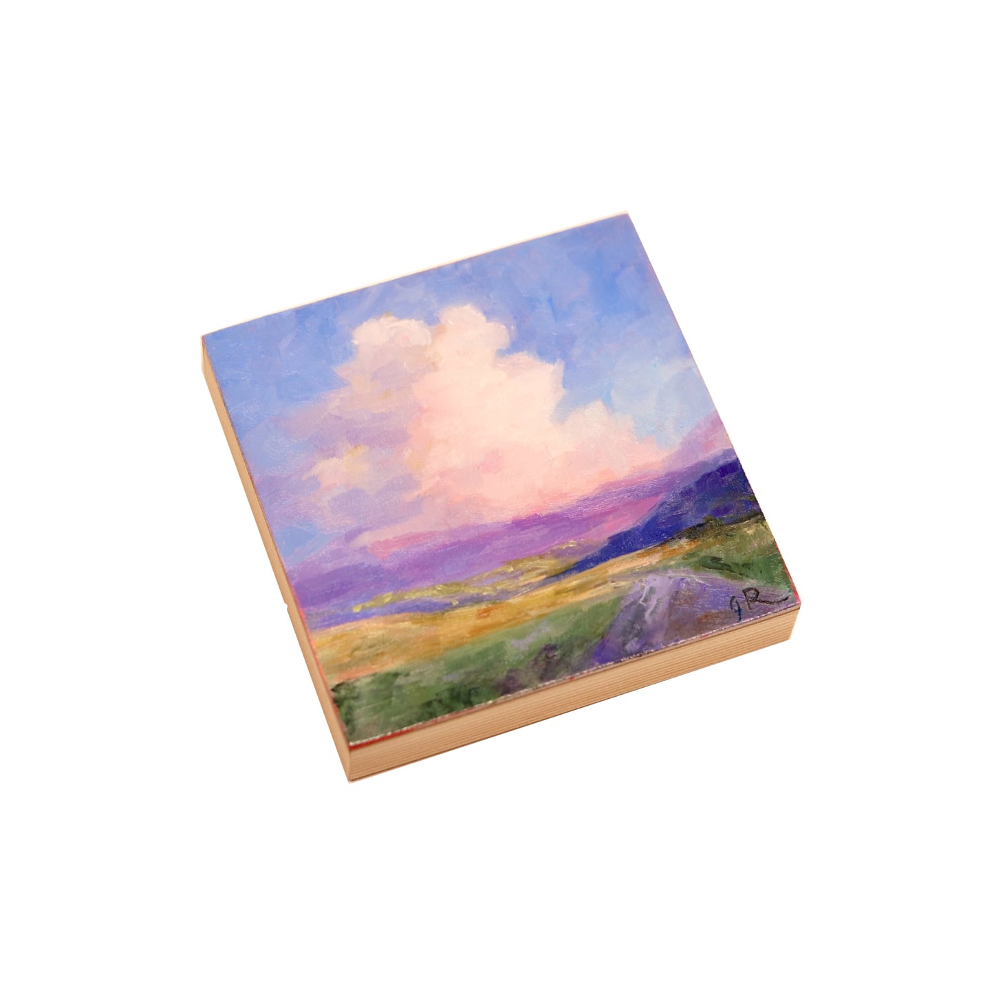 An oil painting by Jessica Richter depicting a serene road under a sky filled with fluffy clouds, measuring 4"x4"