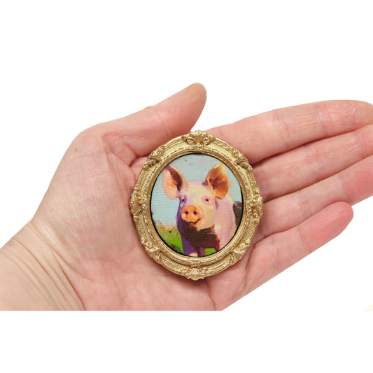 Mini Framed Canvas Art Print- Farm Pig 5 -Dollhouse Miniature Art or Magnet