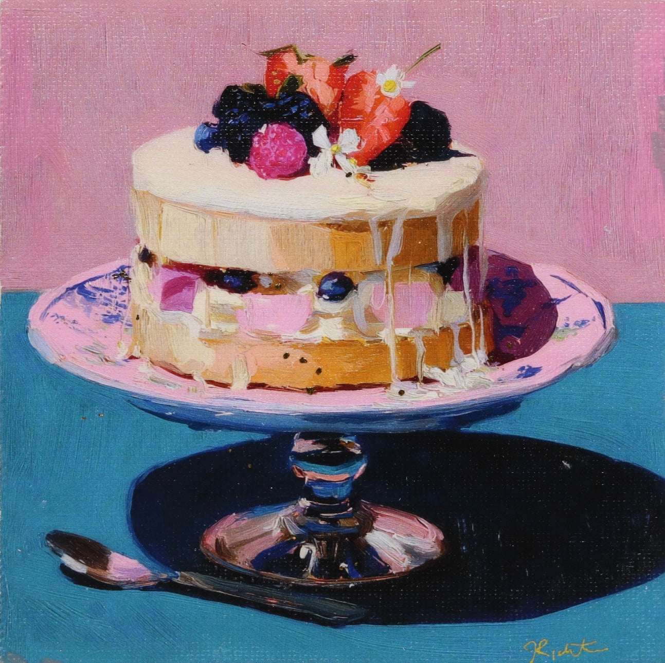 Print on Canvas | White Cake with Icing and Berries| Hand Detailed Foil | 5"x5"