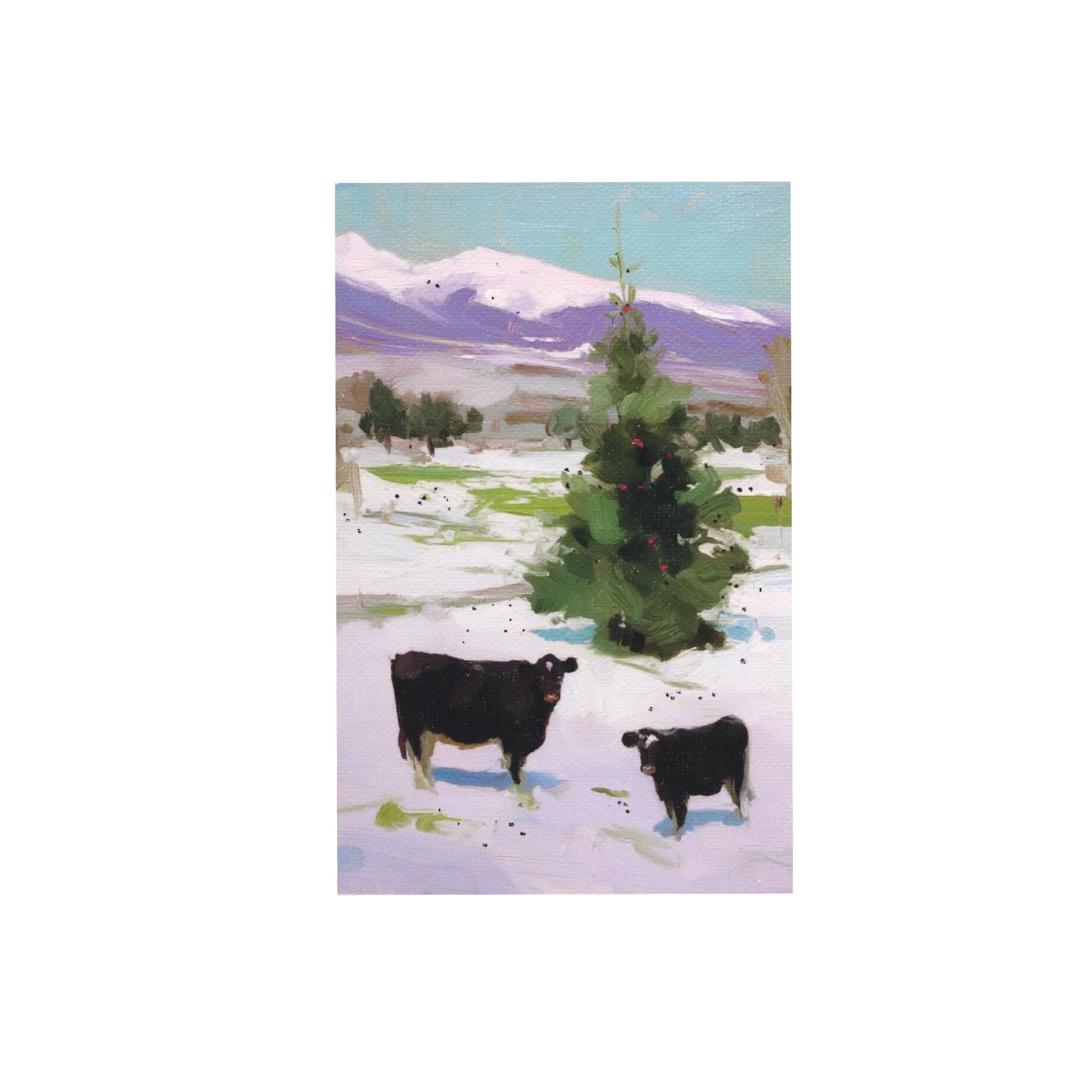 Print on Canvas | Black Cows and Christmas Tree | Hand Detailed Foil | 4”x6”