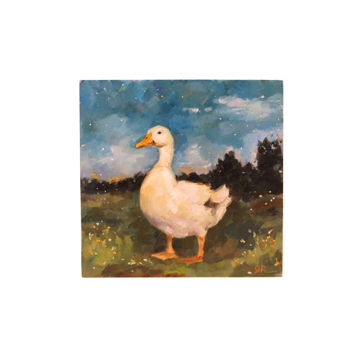 White Duck in Landscape | Original Oil Painting | 5"x 5” Peking Duck