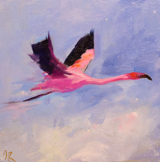 Flamingo in Flight 4 | Original Oil Painting | 4”x4”
