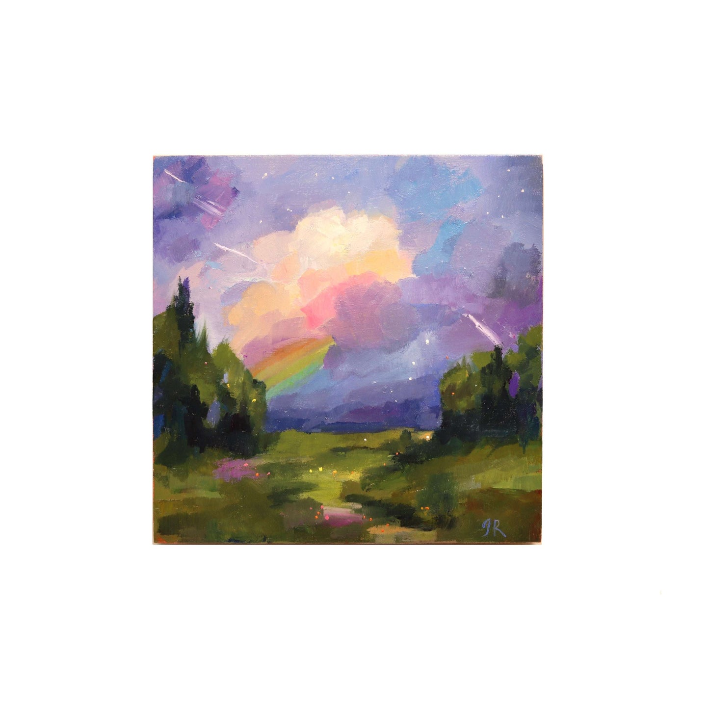Oil painting with green trees, clouds and rainbow by Jessica Richter Art