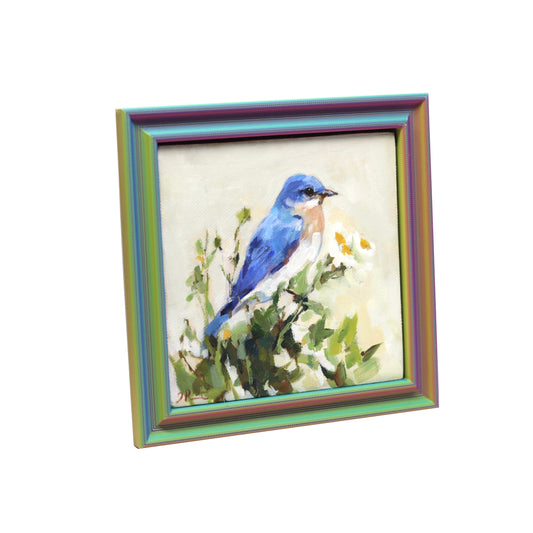 Original Oil Painting | Bluebird and Flowers 3 | 5”x5” Framed Art