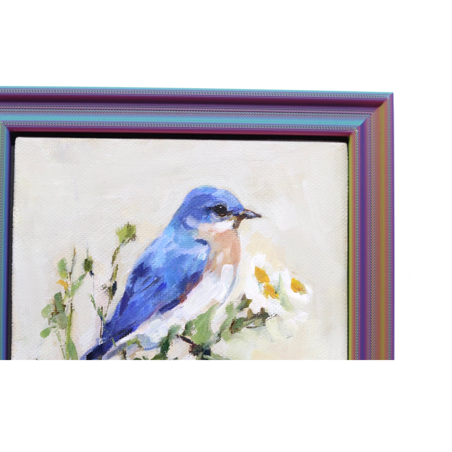 Original Oil Painting | Bluebird and Flowers 3 | 5”x5” Framed Art