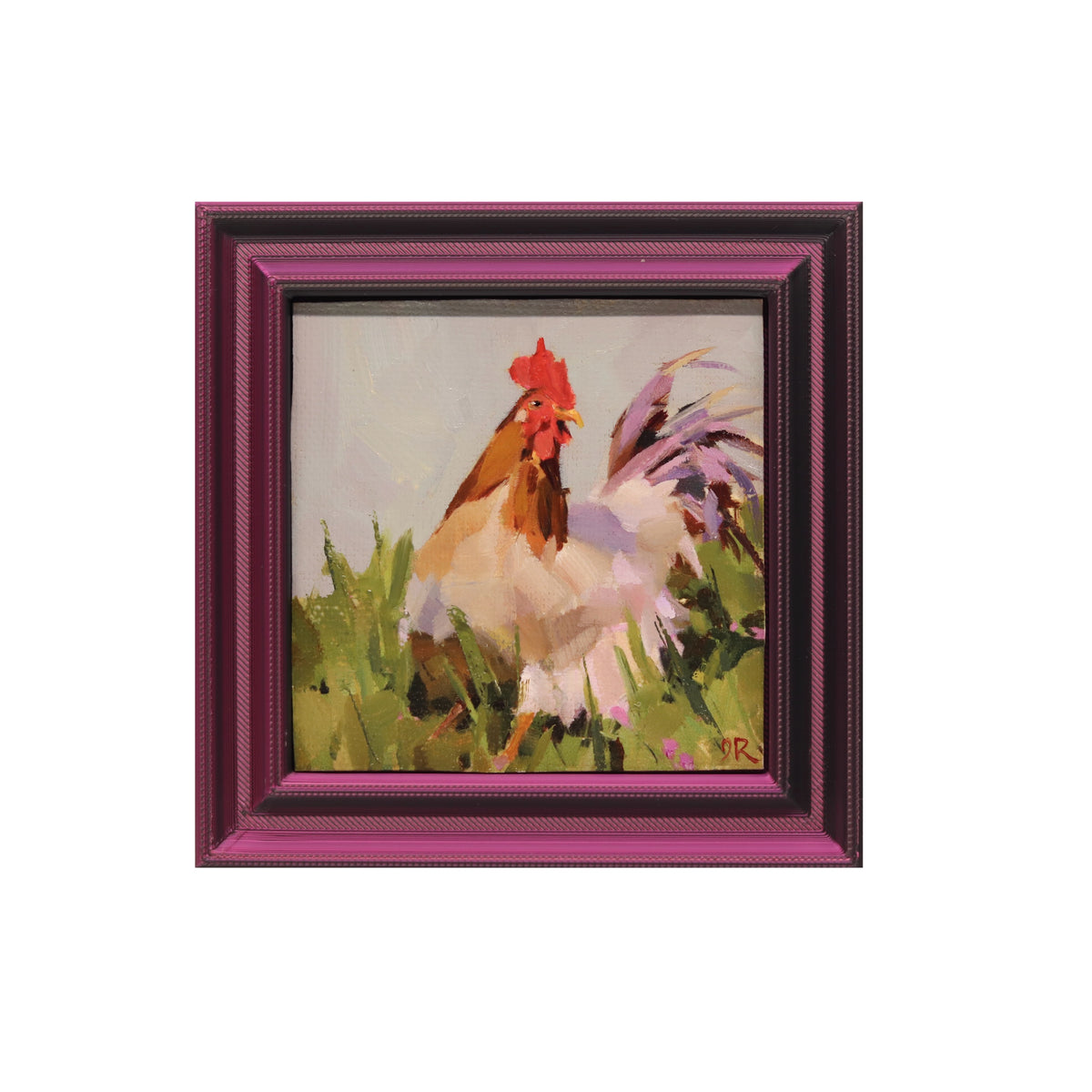 Rooster in Grass 12 | Miniature Oil Painting | 3”x3” Framed