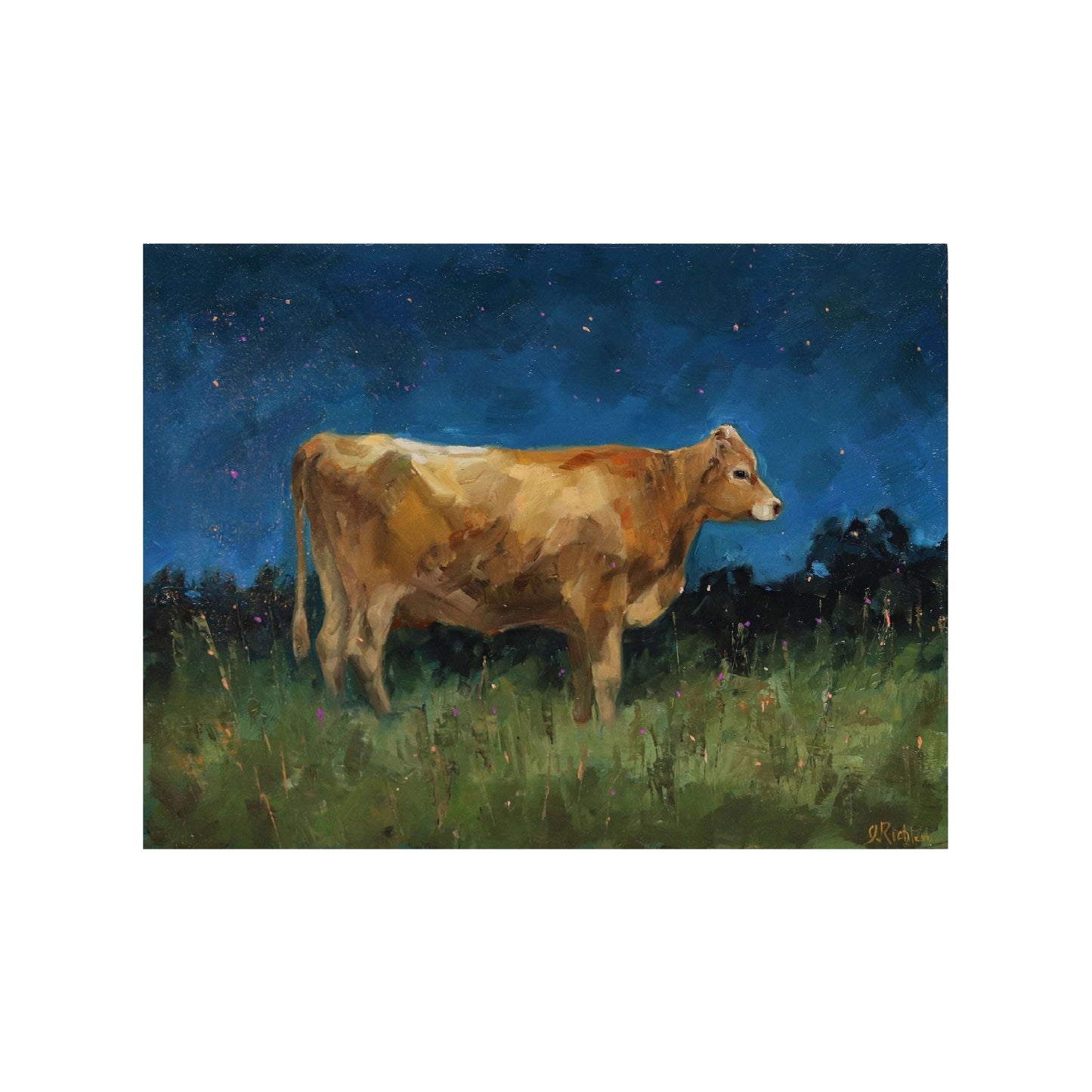 Brown Cow in Pasture 19 | Original Oil Painting | 6”x8”