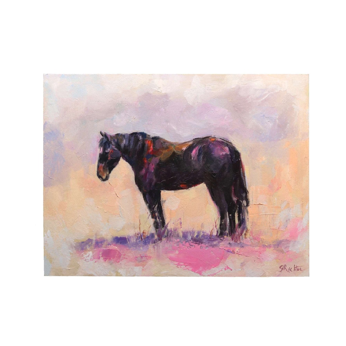 Colorful Black Horse in Pasture 17 | Original Oil Painting | 6”x8”