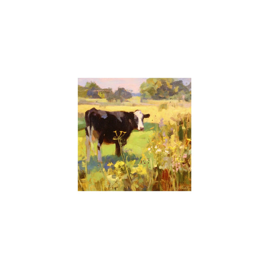 Print on Canvas | Cow in Flower Field| Hand Detailed Foil | 5"x5"