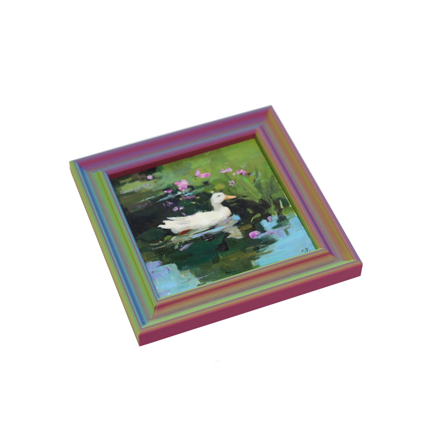Original Oil Painting | Duck Pond with Flowers 9 | 4”x4” Framed Art
