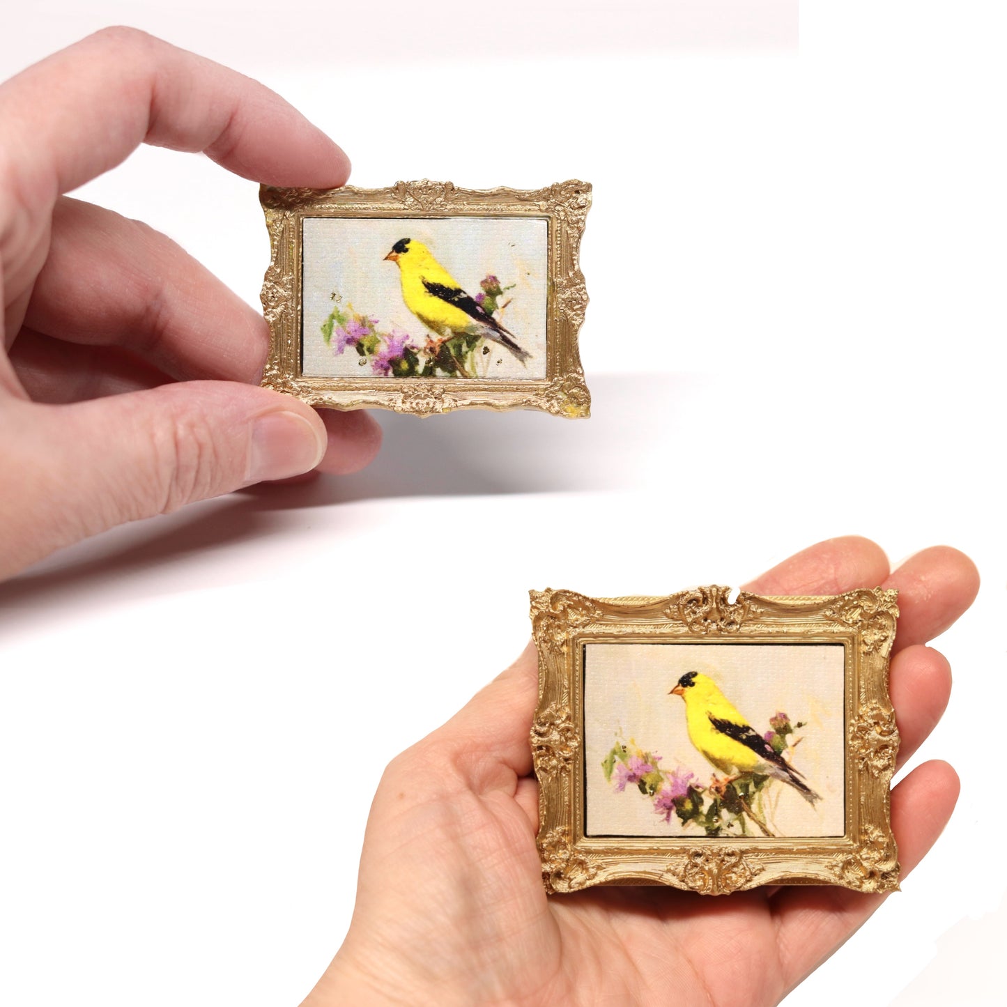 Miniature Framed Canvas Art Print- Goldfinch and Thistle - Dollhouse Art or Magnet