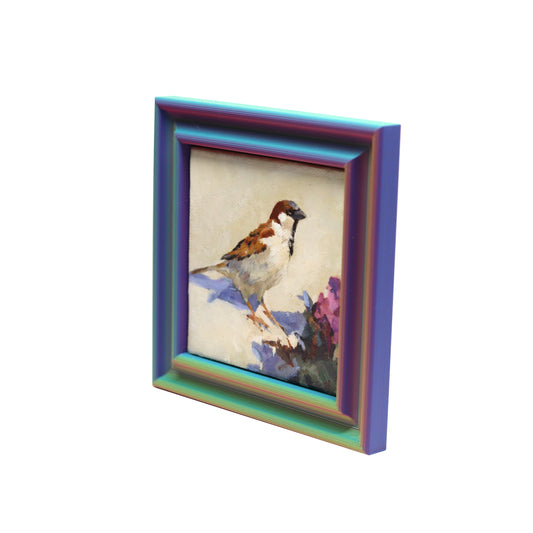 Original Oil Painting | Sparrow and Rhododendron | 4”x4” Framed Art