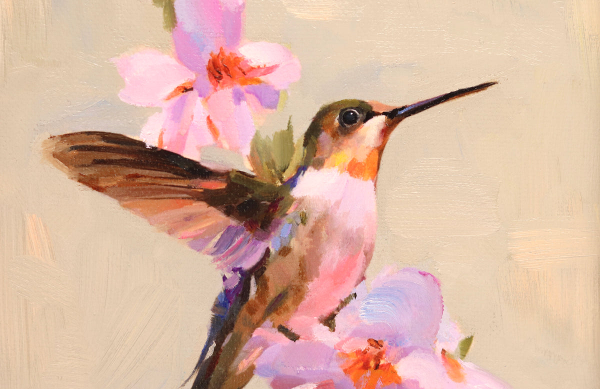 Hummingbird and Flowers 14 | Original Oil Painting | 6”x6” Framed