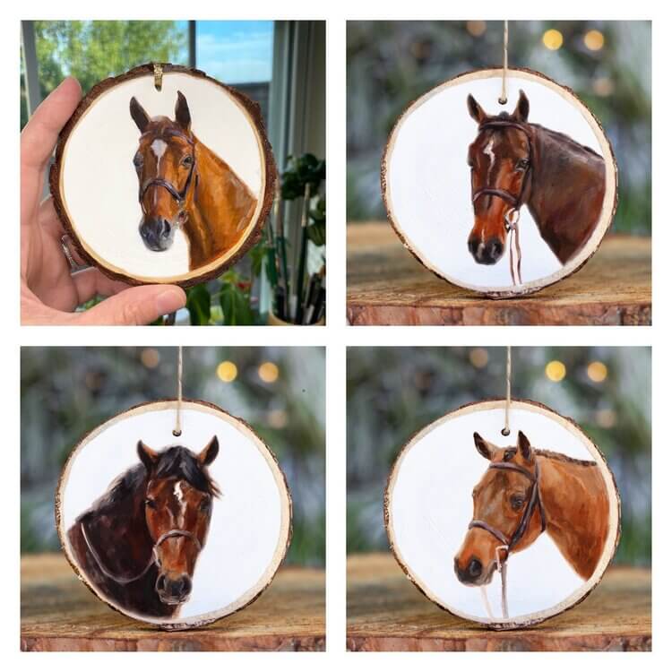 collage of 4 horse paintings on round wood ornaments with white background one ornament is held in hand