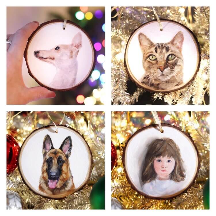 collage of 4 round wood ornaments painted with dog cat and child portrait christmas tinsel and lights in background