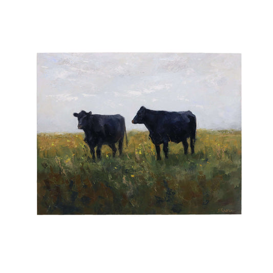 An oil painting depicting two black cattle standing in a vast field with tall yellow grass under a cloudy sky. The background features a distant, soft horizon line, blending into a light blue sky with white clouds. The artwork is painted with broad, expressive brushstrokes.
