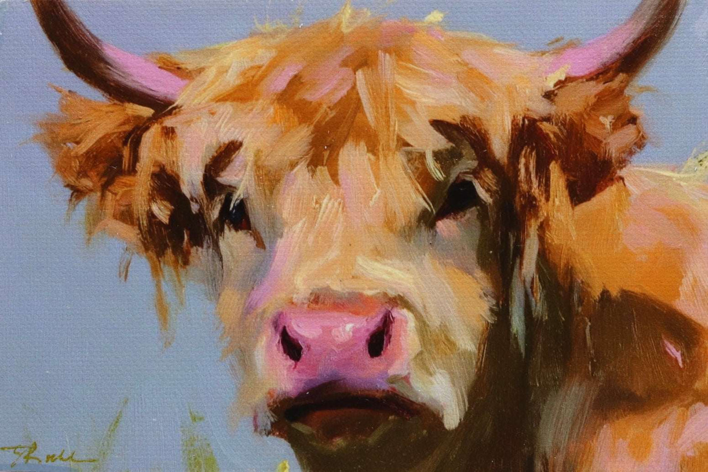 Painting of a highland cow with a soft focus background