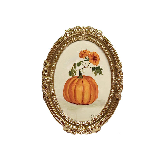 Pumpkin and Chrysanthemum | Original Oil Painting | 5x7” Oval Frame