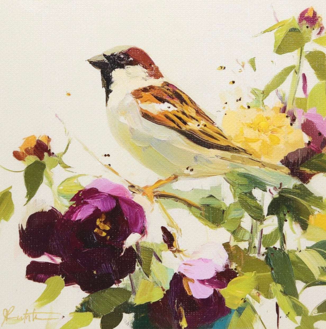 Print on Canvas | Sparrow and Flowers | Hand Detailed Foil  | 5"x5"