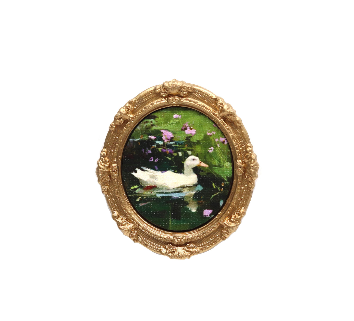 Mini Framed Canvas Art Print- Duck Pond with Flowers 2- Dollhouse Miniature Art or Magnet