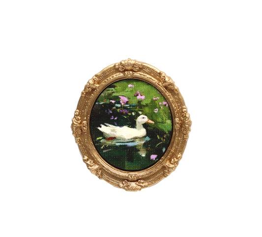 Mini Framed Canvas Art Print- Duck Pond with Flowers 2- Dollhouse Miniature Art or Magnet