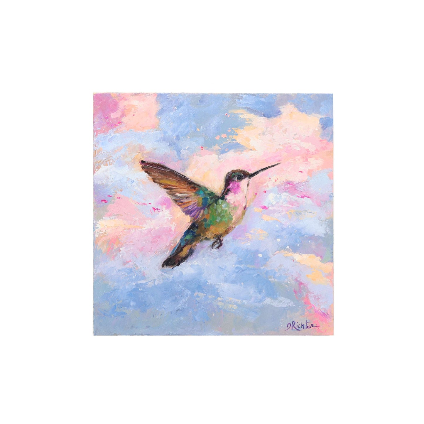Oil painting with hummingbird and pastel pink clouds in blue sky background