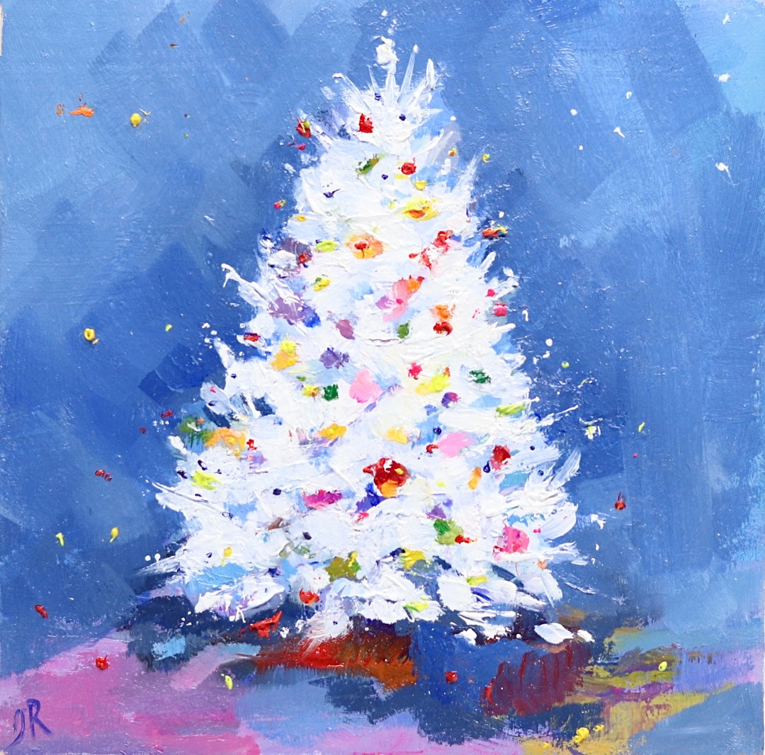 White Christmas Tree | Original Mini Oil Painting | 4”x4”