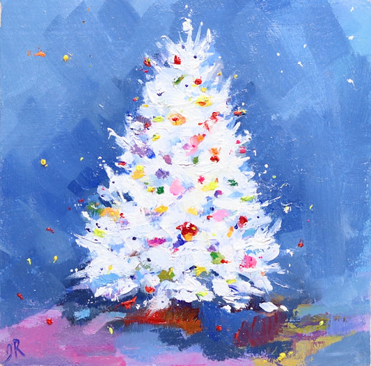 White Christmas Tree | Original Mini Oil Painting | 4”x4”