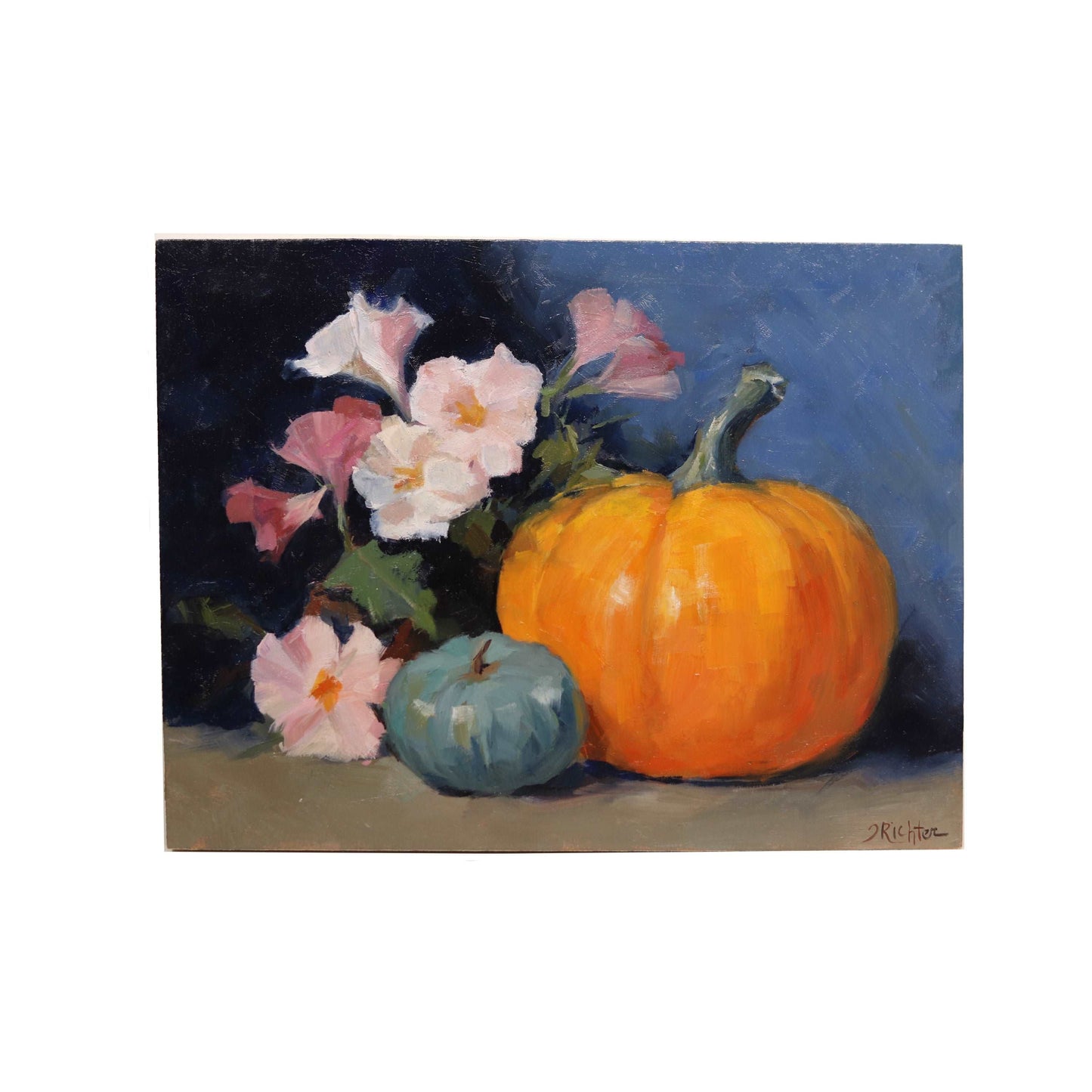 Pumpkins and Flowers | | Original Still Life Oil Painting | 8"x10"