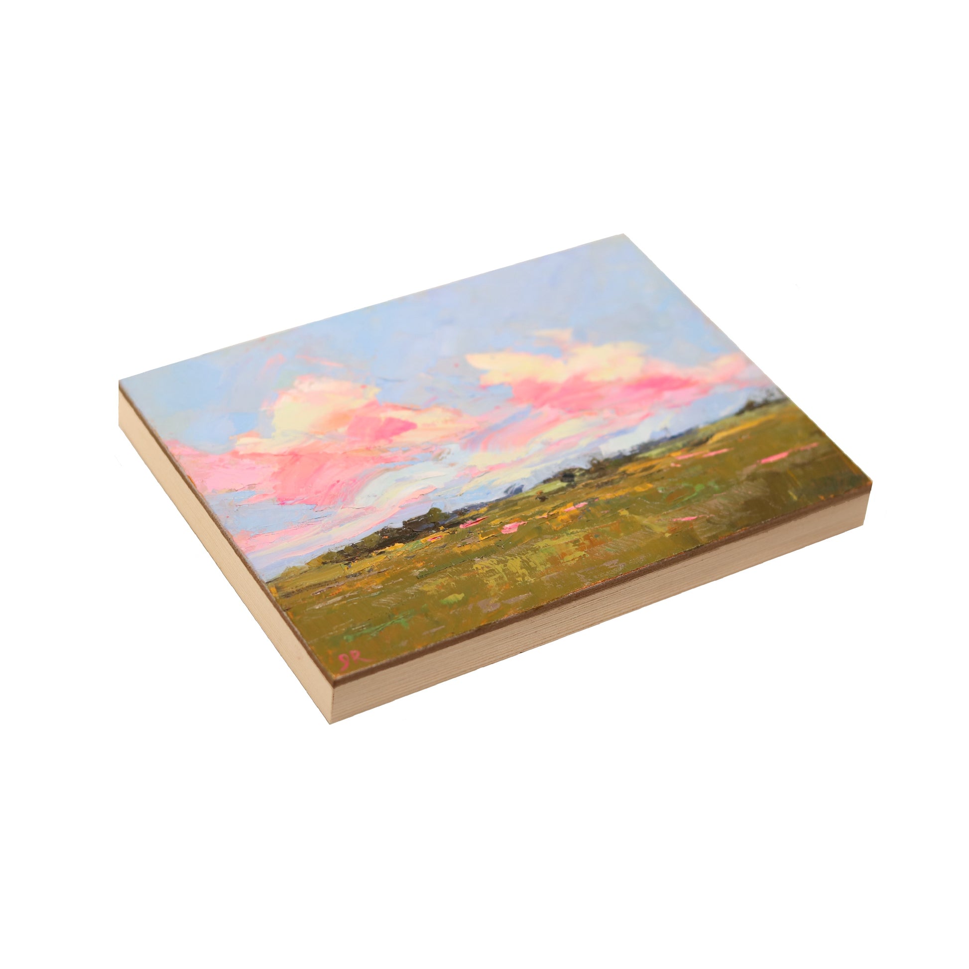 Oil painting  cradled panel, with textured paint of bright pastel pink and yellow clouds in blue sky, olive green landscape with tiny colored flowers on bottom. 