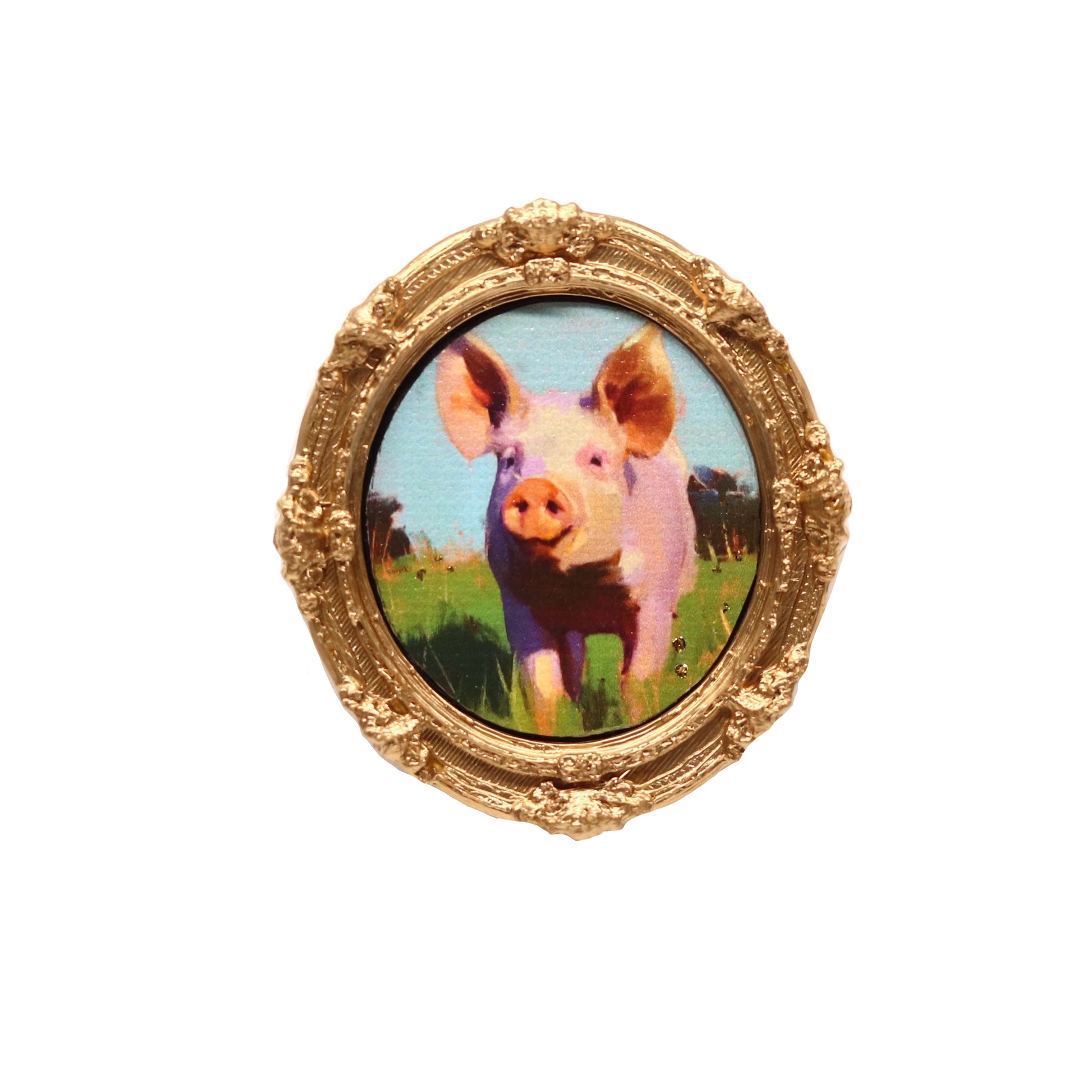 Gold-framed picture of a pig on a white background