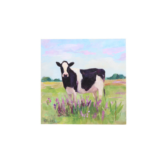 Holstein Cow and Lavender| Original Oil Painting | 6”x6”