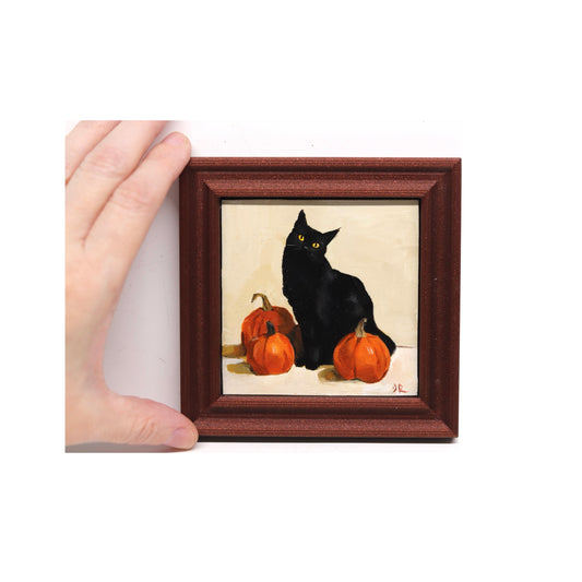 Black Cat and Pumpkins | Miniature Original Oil Painting | 3”x3” Framed Art
