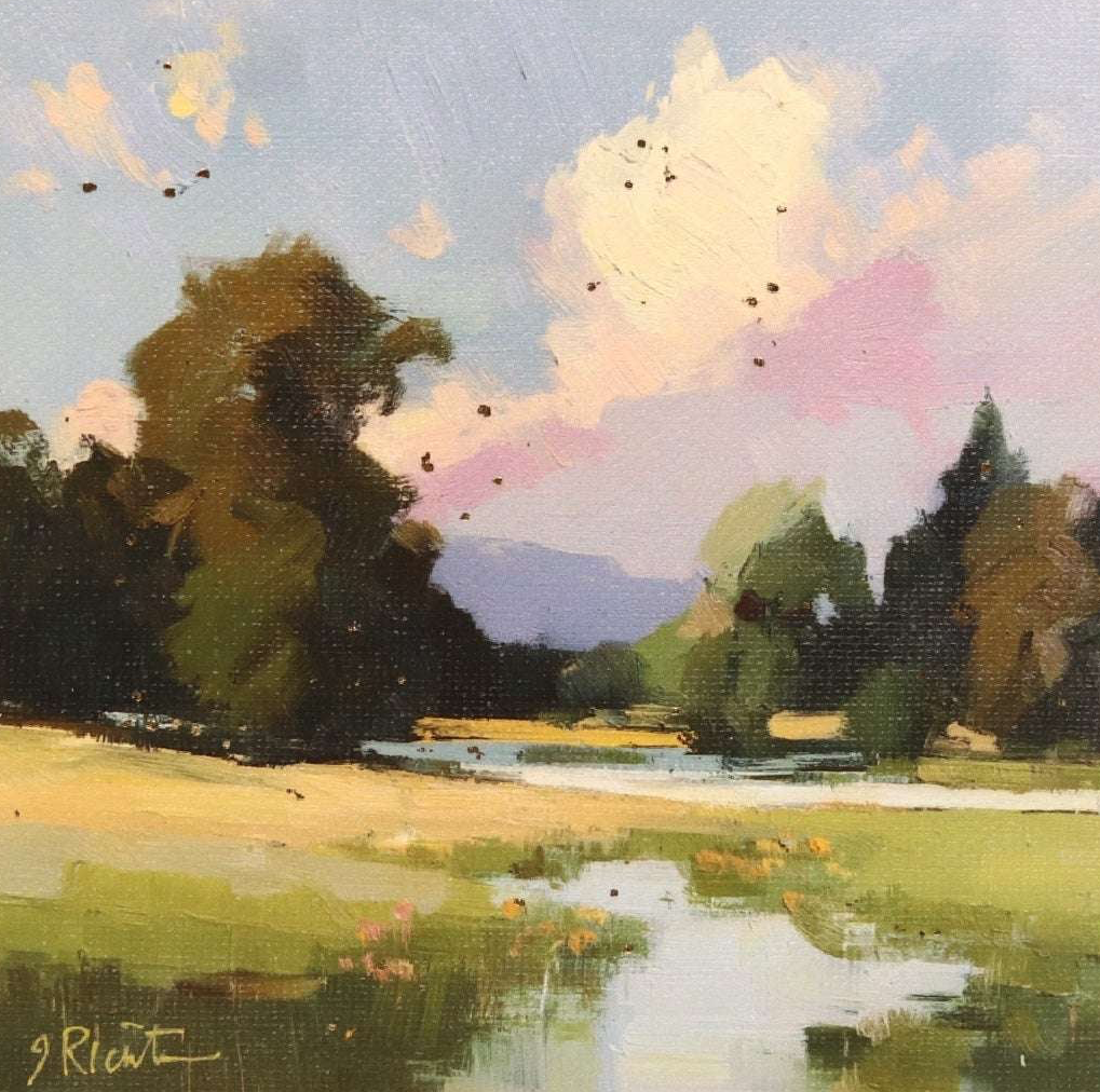 Painting of a landscape with trees, sky, and water.