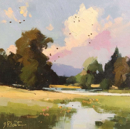 Painting of a landscape with trees, sky, and water.