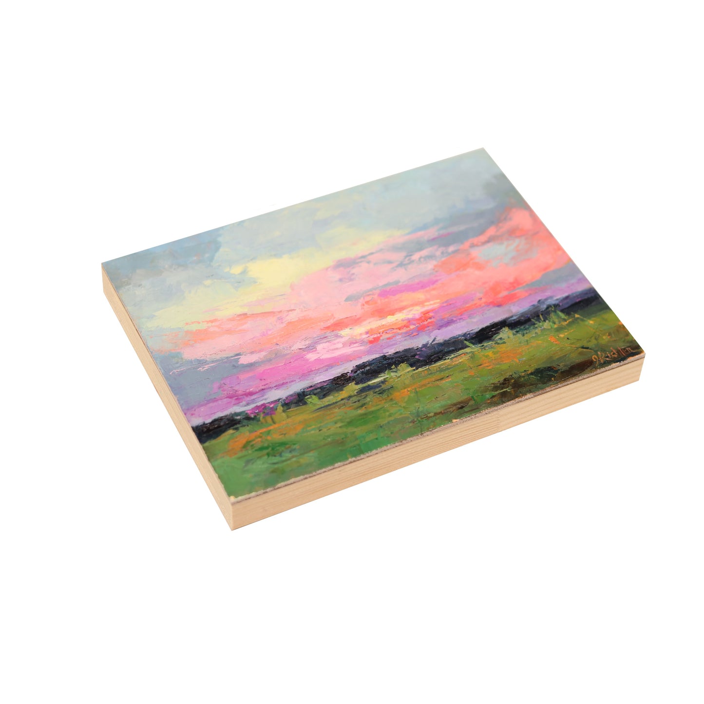 Oil painting with textured paint of bright red, pink, purple  and yellow clouds in blue sky. Olive  green landscape grass on the bottom with thin line of dark trees  in the distance.