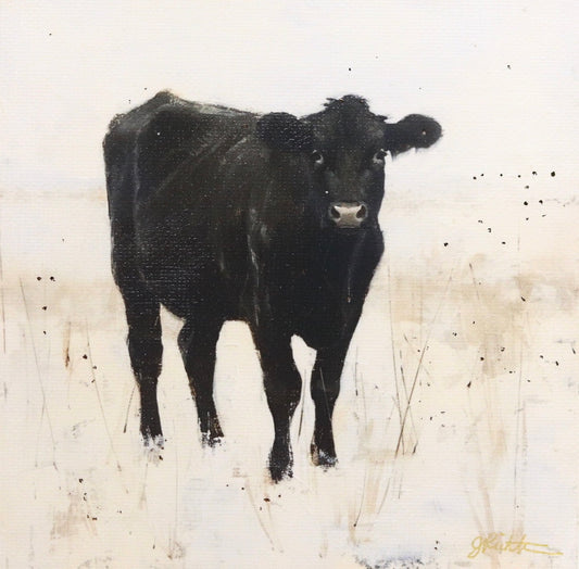 Print on Canvas | Black Cow in Snow | Hand Detailed Foil  | 5"x5"