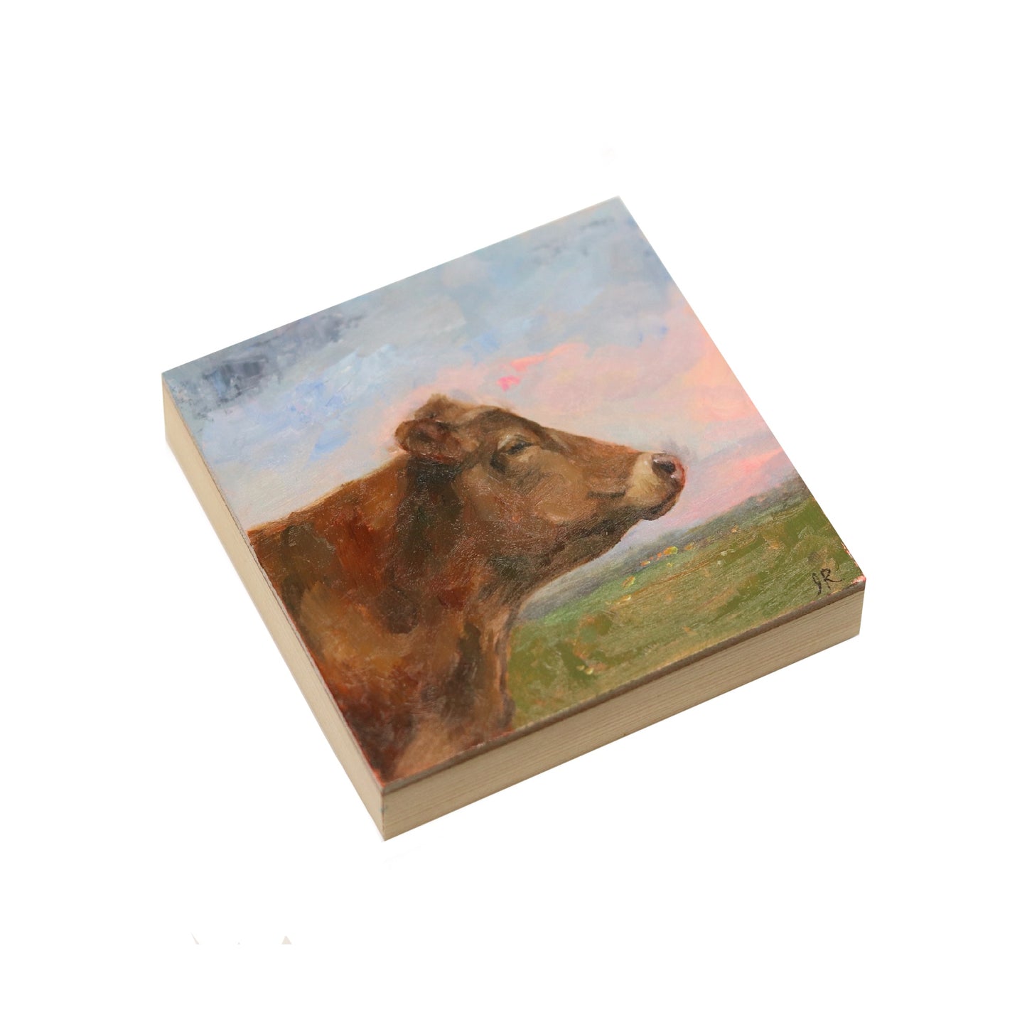 Brown Cow Portrait 22 | Original Mini Oil Painting | 4”x4”