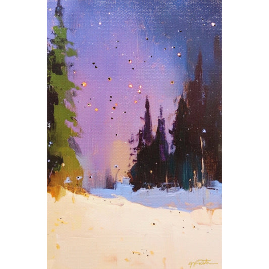 Painting of a snowy landscape with trees and a starry night sky.