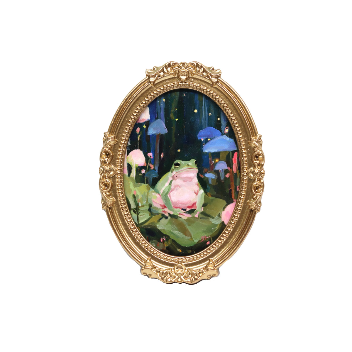 Frog in Mushroom Forest | Original Oil Painting | 5x7” Oval Frame